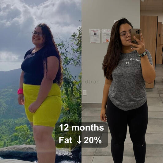 Before and after image of a woman showcasing a one-year body transformation. The ‘before’ picture shows her with more weight, while the ‘after’ picture highlights her toned and fit physique. She is smiling confidently in the ‘after’ photo, smiling