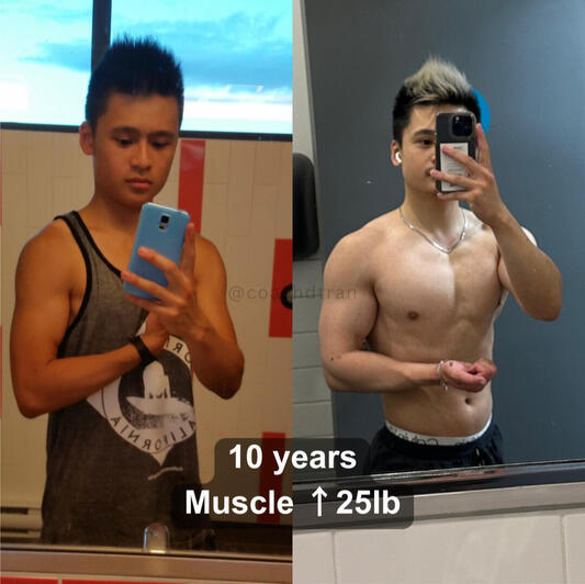 Side-by-side comparison of a personal trainer in Montreal showing a 10-year muscle transformation. The left image captures the early stages with a leaner physique, while the right image showcases significant muscle gains achieved through consistent trainin