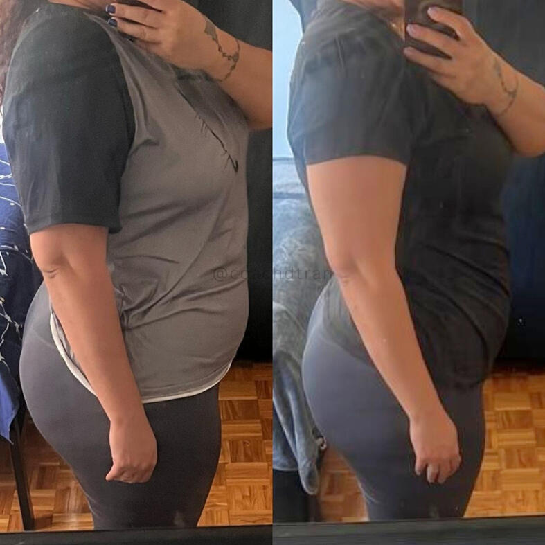 Before and after image of a woman showing a body transformation in just 1.5 months. The ‘before’ picture shows a fuller figure, while the ‘after’ picture reveals a slimmer, more toned physique with visible progress in a short time.