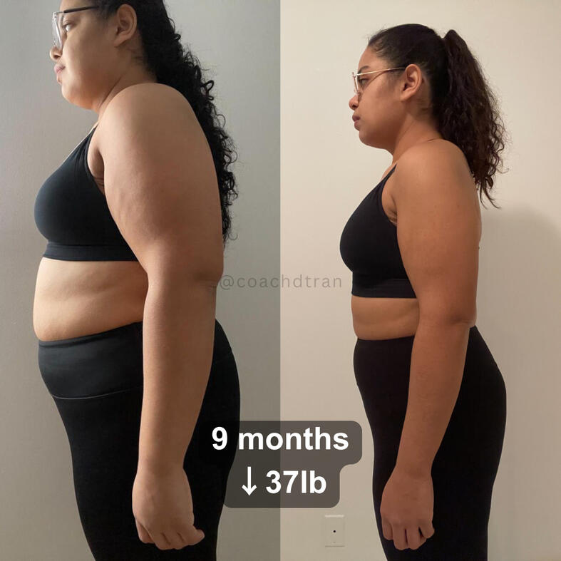 Before and after image of a woman showing significant weight loss of 20kg, highlighting a full body transformation with noticeable improvements in muscle tone, confidence, and overall fitness.