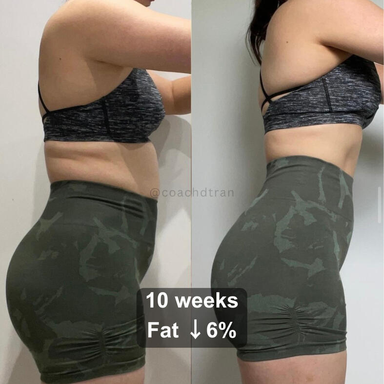 Before and after image of a woman showing weight loss and muscle gain, specifically highlighting enhanced glute (butt) muscles. The transformation showcases a leaner, toned figure with visible muscle development and improved overall fitness.”